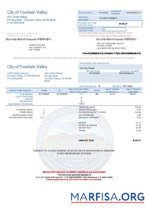 Downloadable USA California City of Fountain Valley business utility bill template in Word and PDF formats